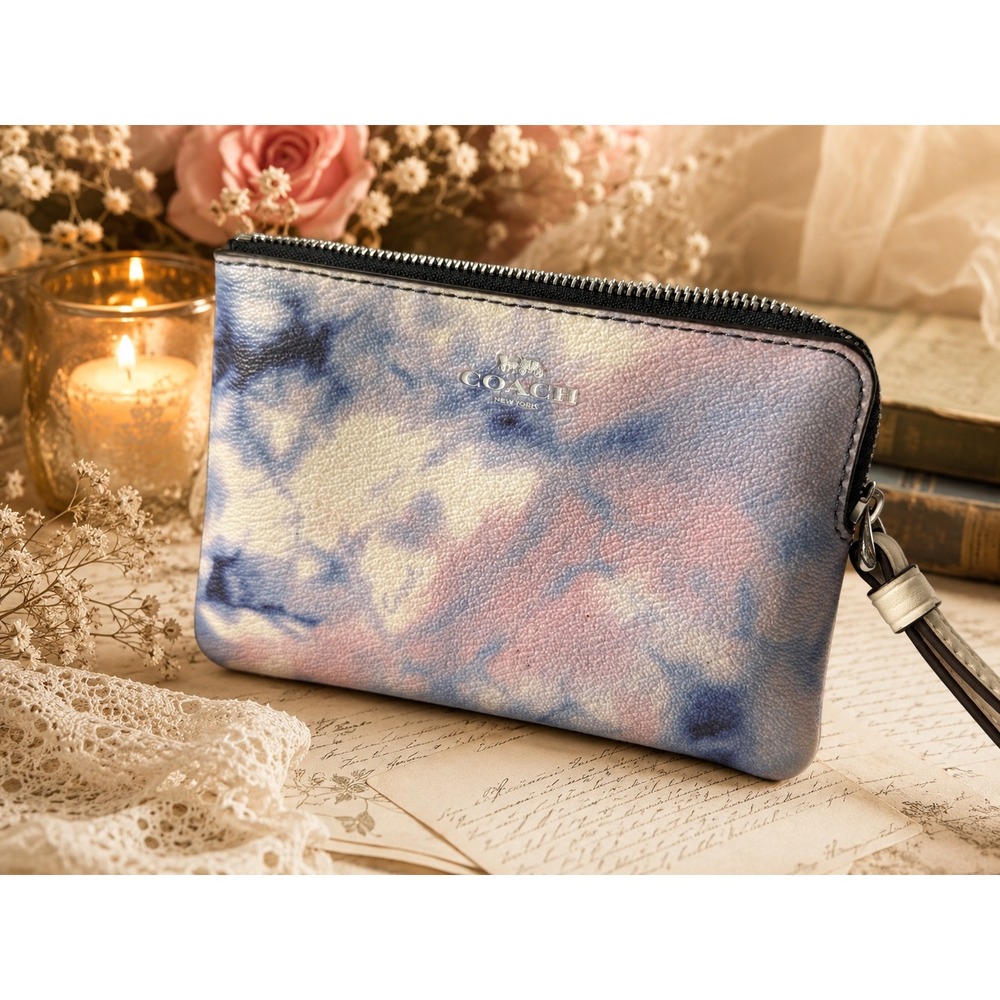 Coach Corner Zip Wristlet Tie Dye Blue Pink Purple Leather C4565